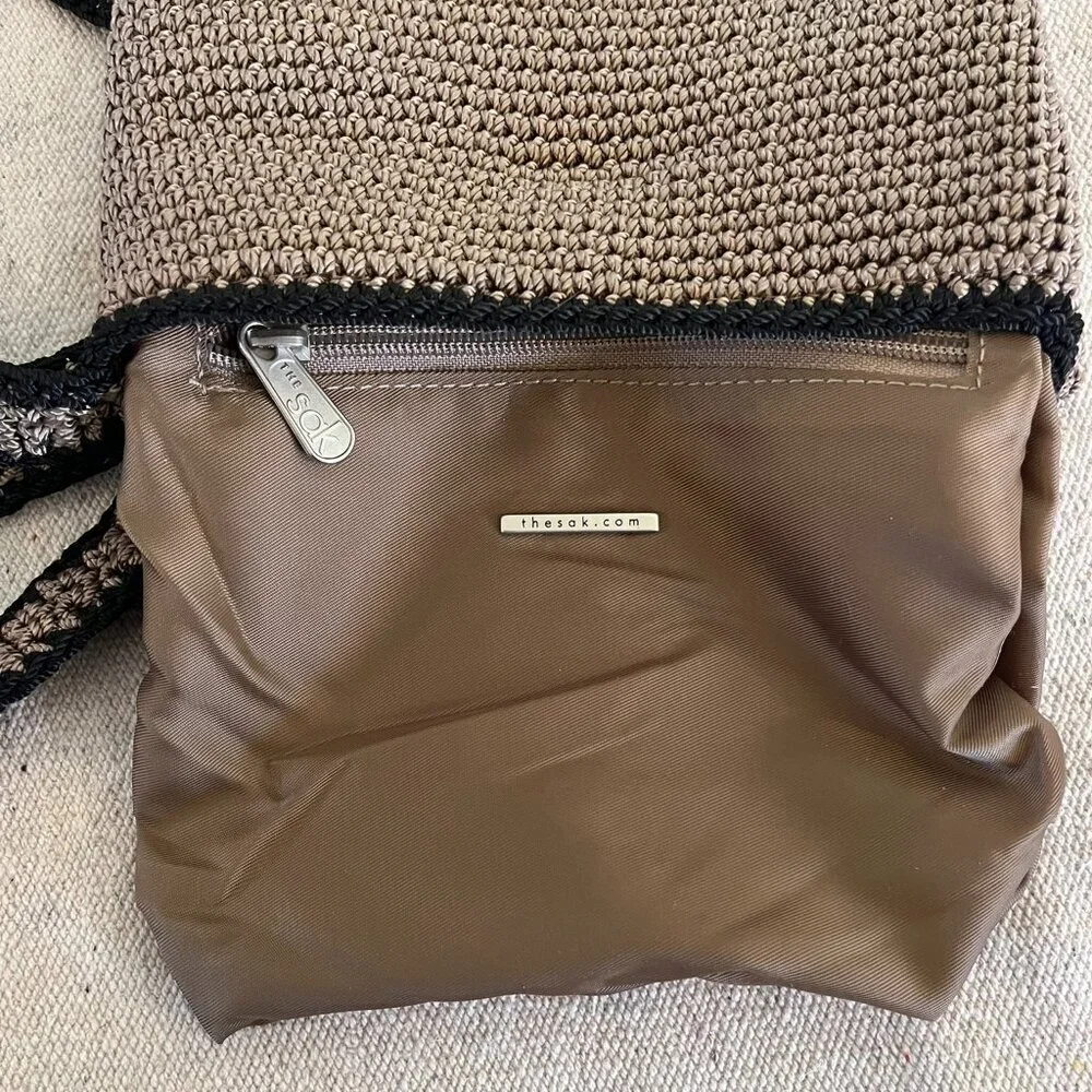 The Sak Brown Black Trim Crochet Fringe Bohemian Festival Shoulder Bag - Picture 3 of 7